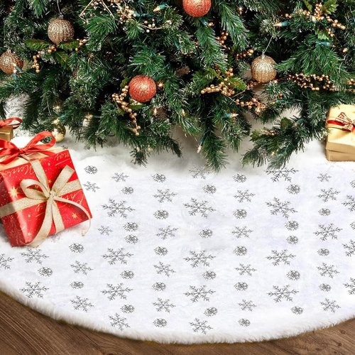 48inch White Christmas Tree Skirt Tree Carpet Blanket, Soft 4ft Xmas Christmas Tree Blanket with Silver Snowflake White Faux Fur Carpet for Christmas Holidays