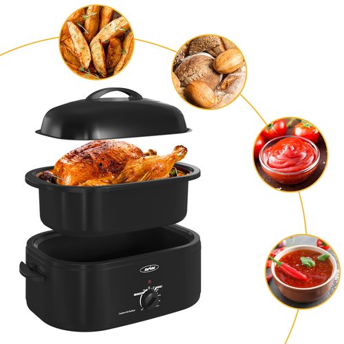 Sunvivi 18-Quart Roaster Oven with Self-Basting Lid, Electric Turkey Roaster Oven with Removable Pan and Rack, Stainless Steel, Black