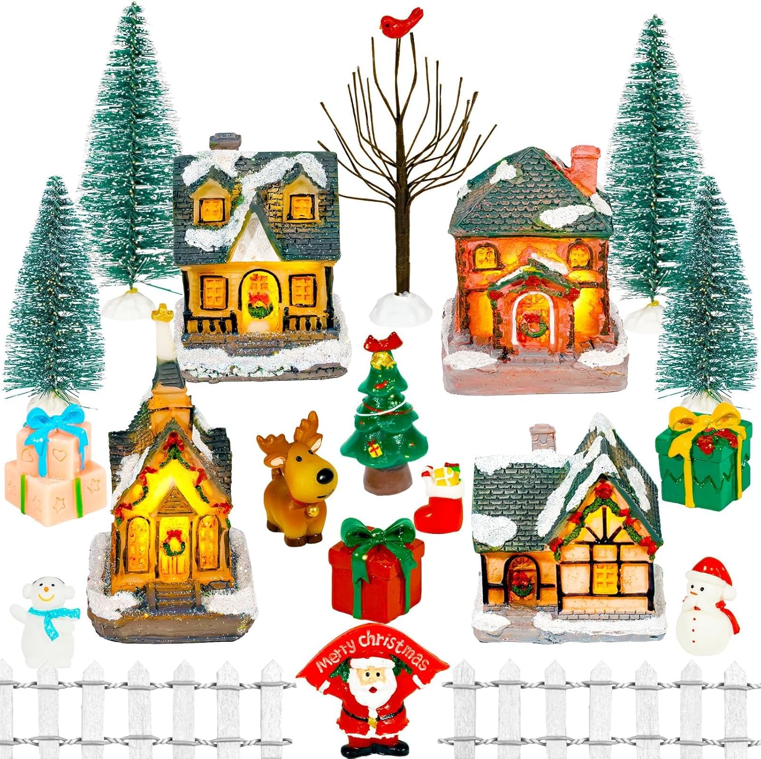 Warmtree Christmas Village Houses Set - 22 Pcs Resin Figurines with Santa, Tree & Picket Fence for Holiday Decor