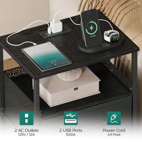 JARHETUN Night Stand Set 2 with Charging Station, 3 Drawer Nightstands with LED Lights, End Table with Outlets and USB Ports, Side Table with Open Shelf, Bedside Tables for Bedroom, Black