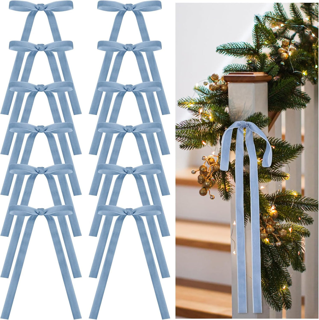 Skiennix 24 Pcs Velvet Bows - Vintage Ribbon Bows for Christmas Tree & Crafts | Dusty Blue, 9 x 13 Inch