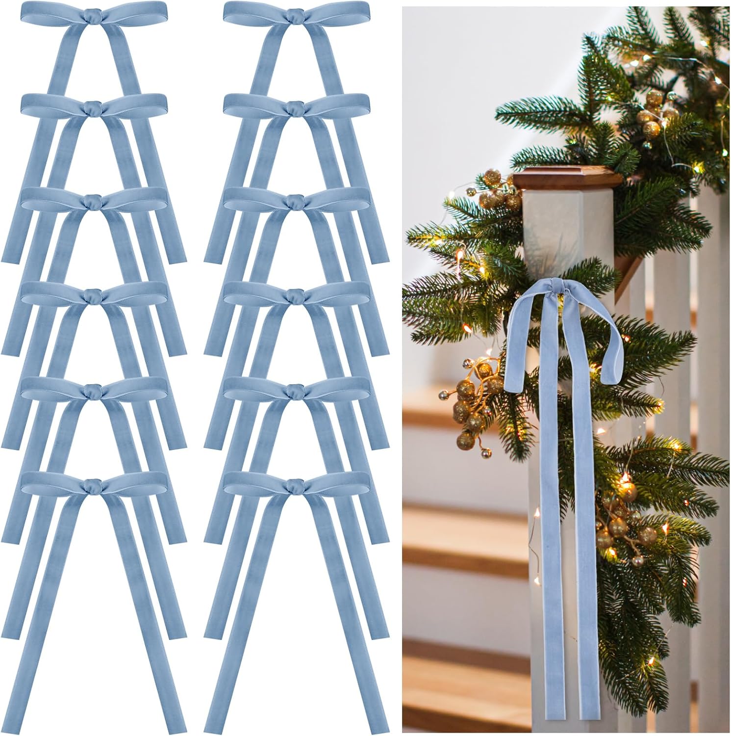Skiennix 24 Pcs Velvet Bows - Vintage Ribbon Bows for Christmas Tree & Crafts | Dusty Blue, 9 x 13 Inch