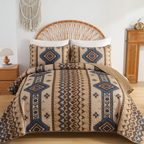 Dintszyayue Brown Boho Quilt Set Queen，3 Pieces Aztec Texture Bedspread Southwestern Coverlet Set Soft Lightweight Bed Cover for All Season Microfiber Bedding with 2 Pillowcases(Brown,96"x90")