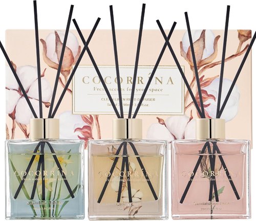 COCORRÍNA Reed Diffuser Set - 3 Pack of 3.04 Fl. Oz. Cashmere Vanilla, Sandalwood Rose & Clean Linen for Home Decor