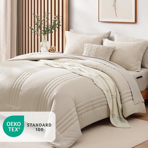 Monbix Queen Comforter Set - 7-Piece Beige Bedding Set | All-Season Comforter with Sheets & Pillowcases