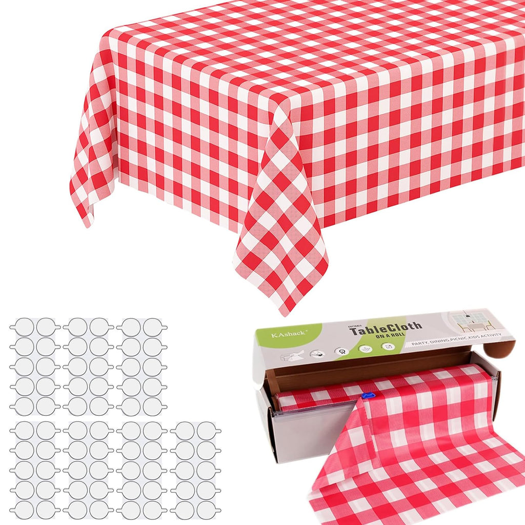 KAshack 54 in X 32.8 Ft Plastic table cloth Roll disposable Red and White Gingham Tablecloth with Slide Cutter Box for rectangle round Tables,Picnic,Camping,Party,Happy Birthdays,[with Fixed stickers]