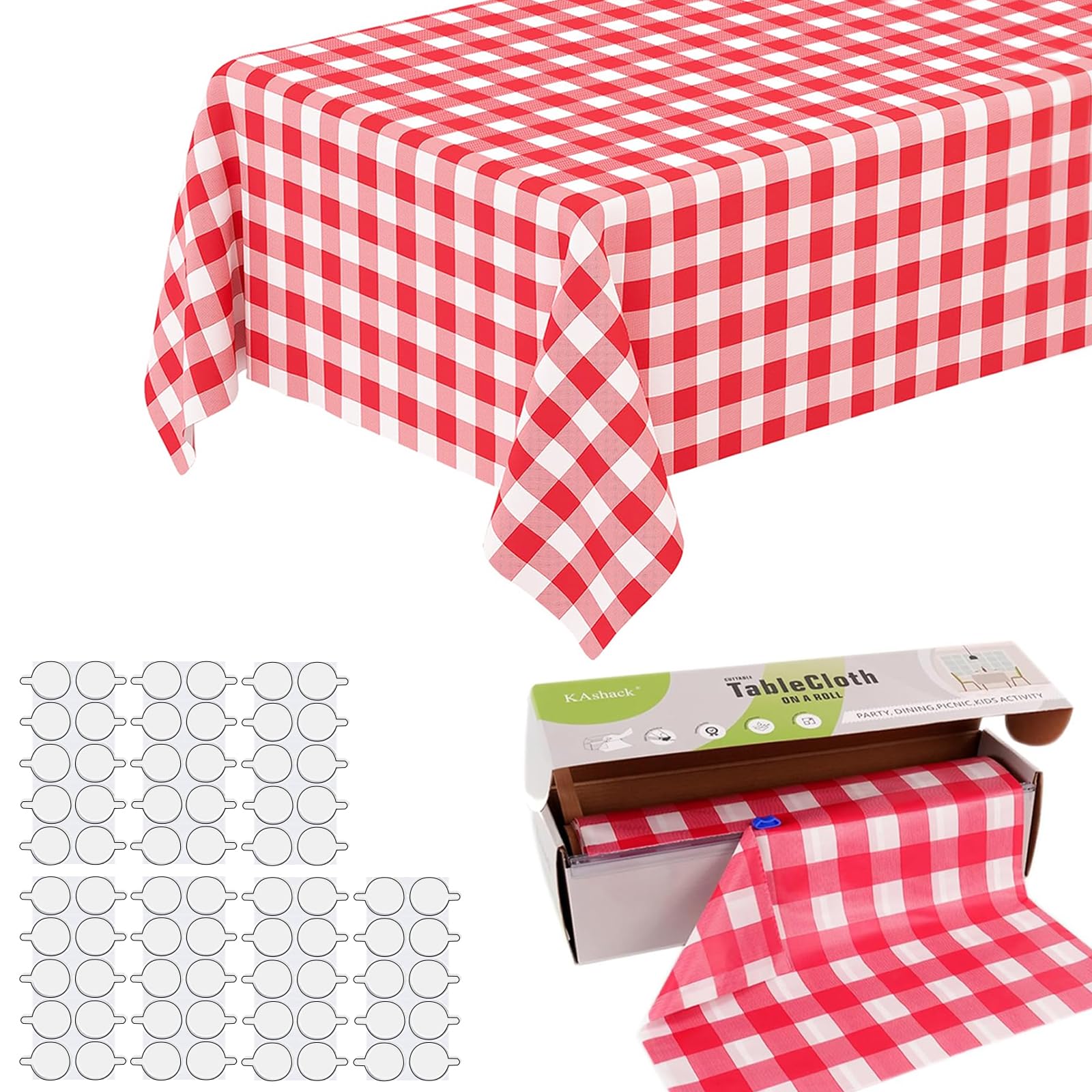 KAshack 54 in X 32.8 Ft Plastic table cloth Roll disposable Red and White Gingham Tablecloth with Slide Cutter Box for rectangle round Tables,Picnic,Camping,Party,Happy Birthdays,[with Fixed stickers]