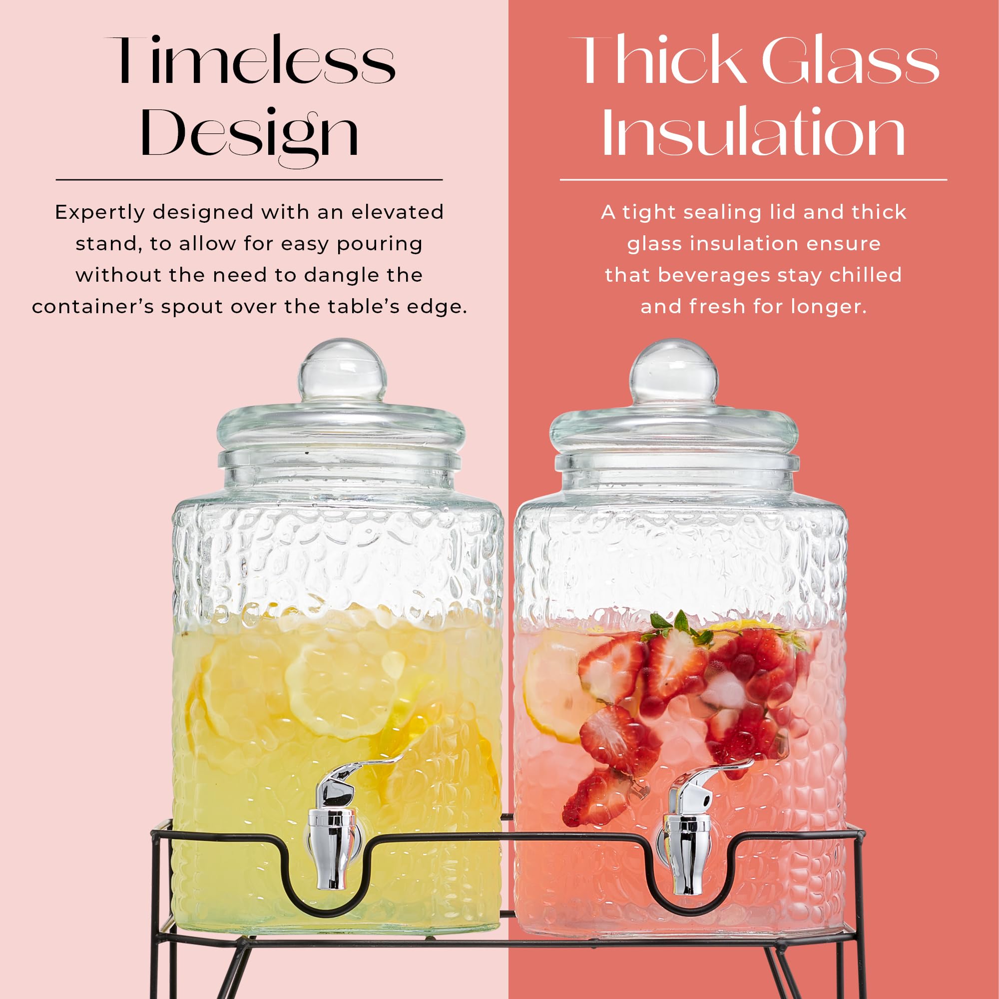 Style Setter Premium Glass Drink Dispensers with Metal Stand for Parties – Beverage Dispenser Set for Cold Drinks, Lemonade, Cocktails, Juice – Party Glass Drink Dispenser Station - 1.5 Gal, Set of 2