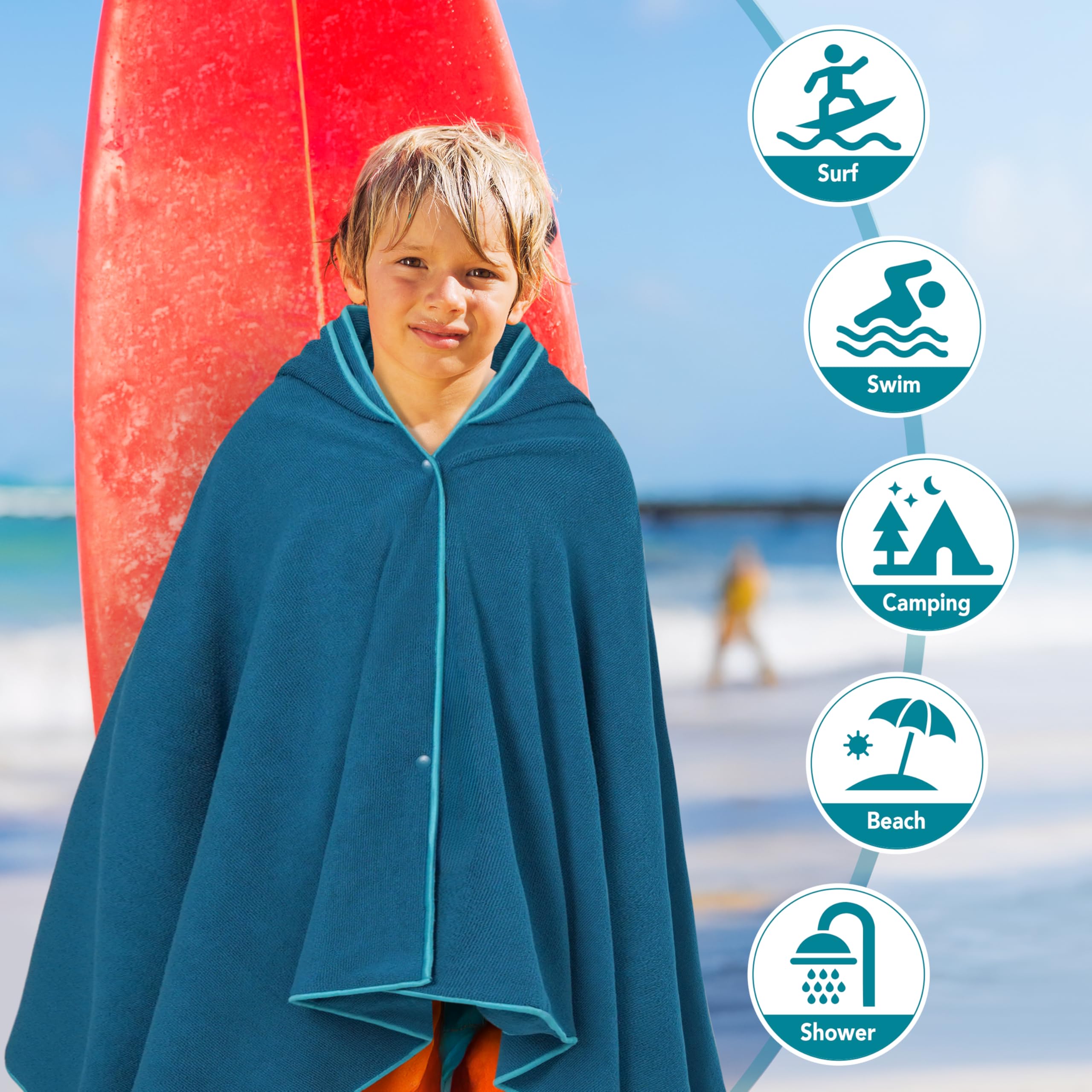 SUN CUBE Kids Hooded Towel, Absorbent Quick Dry Beach Bath Towel, Swim Surf Poncho Wrap Shower, Pool, Bath, Boys, Girls, Large 30x60 inch, Age 3-9 Years, Sea Blue