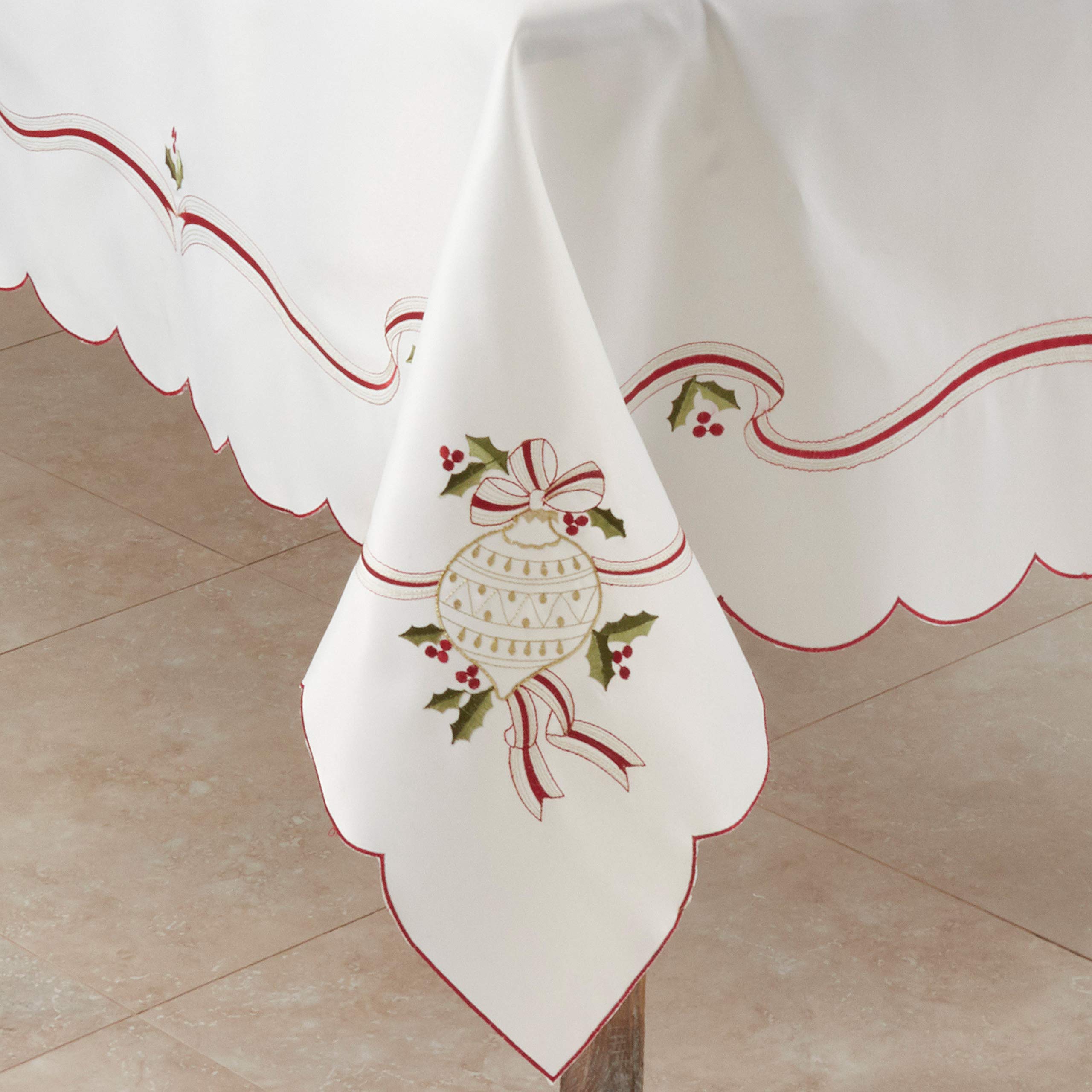 SARO LIFESTYLE 8532.I65140B Holiday Ornamental Collection Embroidered Christmas Tablecloth, 65" x 140", Ivory