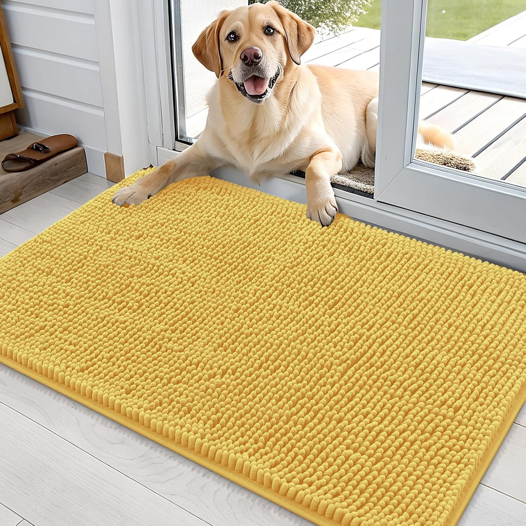 OLANLY Dog Door Mat - Absorbent Non-Slip Washable Doormat for Muddy Paws | 36x24 Yellow Chenille Carpet