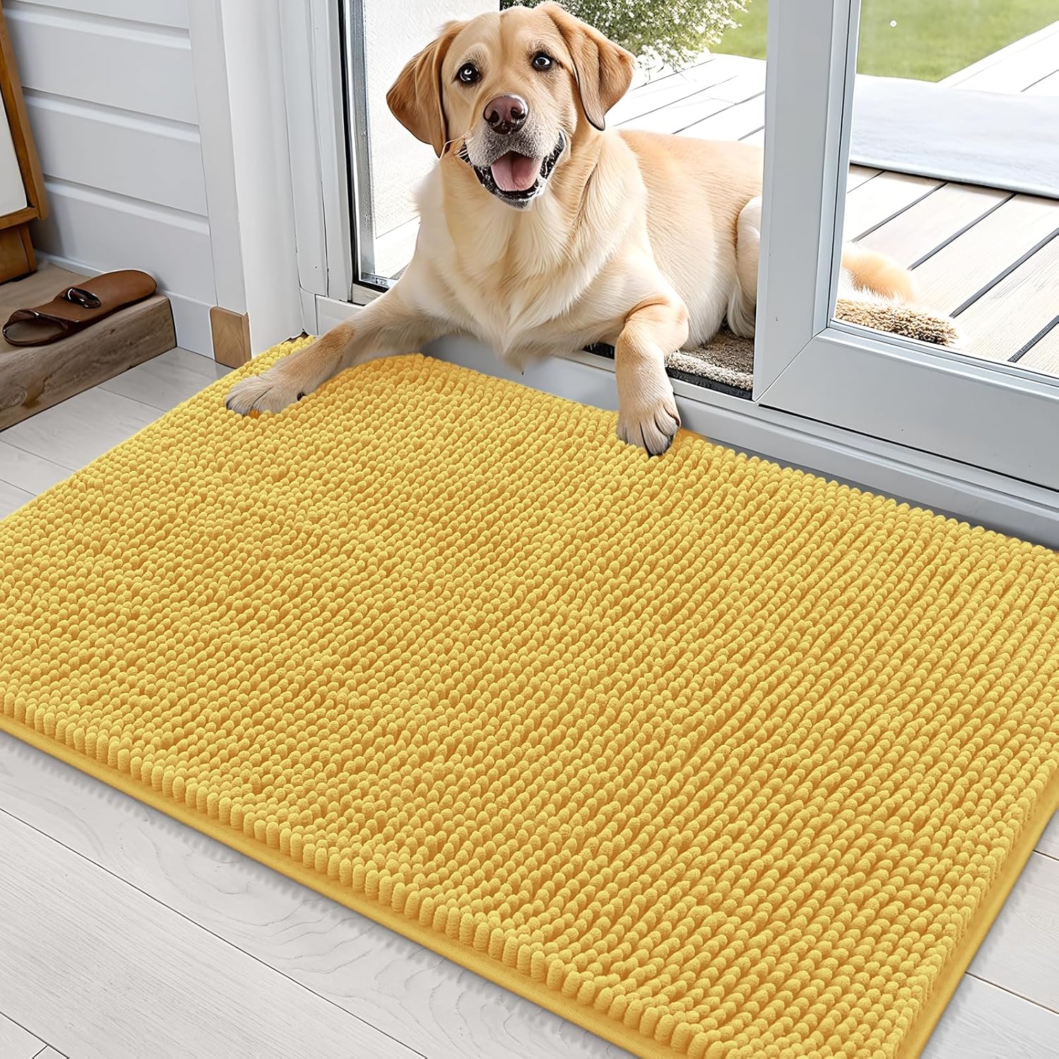 OLANLY Dog Door Mat - Absorbent Non-Slip Washable Doormat for Muddy Paws | 36x24 Yellow Chenille Carpet
