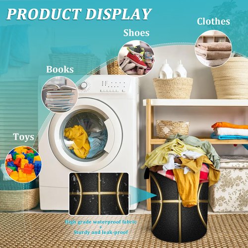 Black and Gold Basketball Laundry Basket, Foldable Waterproof Oxford Cloth Laundry Hamper Funny Tote Bag Dirty Clothes Storage Bucket Toy Organizer for Bathroom/Laundry/Bedroom 15.7"x19.6"