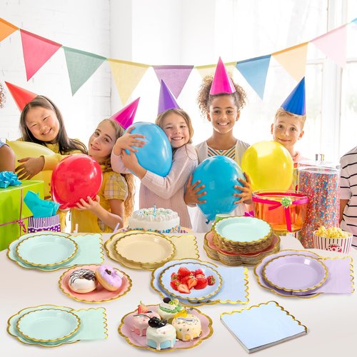 Skybooly 144 Pcs 48 Guests Pastel Rainbow Party Paper Plates and Napkins Sets Heavy Duty Pastel Scalloped Party Plates Napkins Disposable Rainbow Supplies Decoration for Bridal Baby Shower Wedding