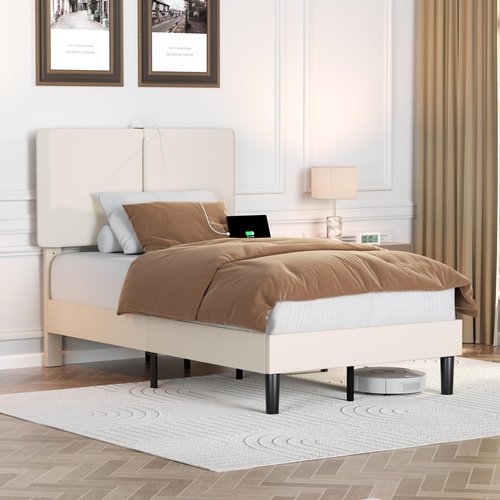 VECELO Twin Bed Frame with Type-C & USB Ports, Upholstered Platform Height-Adjustable Cotton and Linen Headboard, No Box Spring Needed, Noise-Free, Easy Assembly, Beige