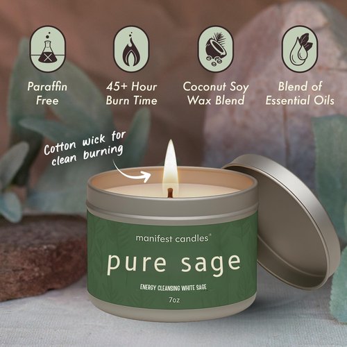 Manifest Candles, White Sage Candles for Cleansing House Negative Energy, 45 Hour Burn, Pure Sage Smudge Candle, Positive Energy Meditation Candle, Aromatherapy Candle, Spiritual Gifts, Healing Sage