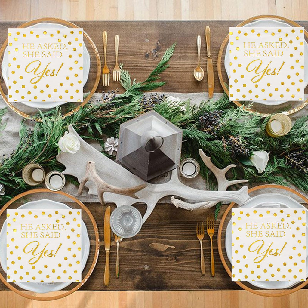 Jovialix She Said Yes Napkins, Engagement Party Napkins, Engaged Napkins – Disposable Cocktail Napkins for Bridal Shower & Bachelorette Decoration – Gold Foil Polka Dots, 6.5 x 6.5 in, 80 Pack