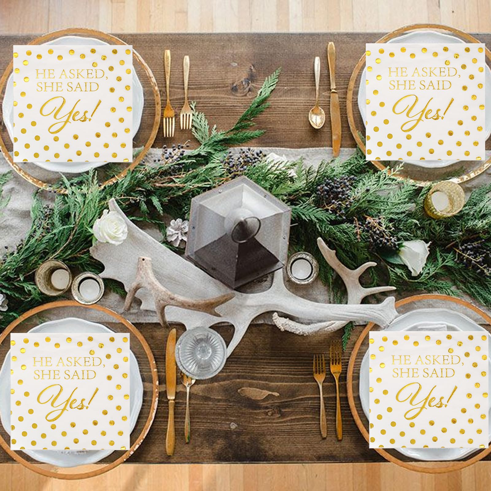 Jovialix She Said Yes Napkins, Engagement Party Napkins, Engaged Napkins – Disposable Cocktail Napkins for Bridal Shower & Bachelorette Decoration – Gold Foil Polka Dots, 6.5 x 6.5 in, 80 Pack