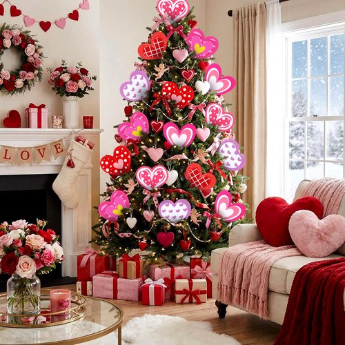Vertintong 12 Pcs Valentines Day Decorations Tree Ornaments Large Red Pink White Heart Picks Cute Heart San Valentines Ornaments for Valentine's Day Tree Topper Home Wedding Party Decor