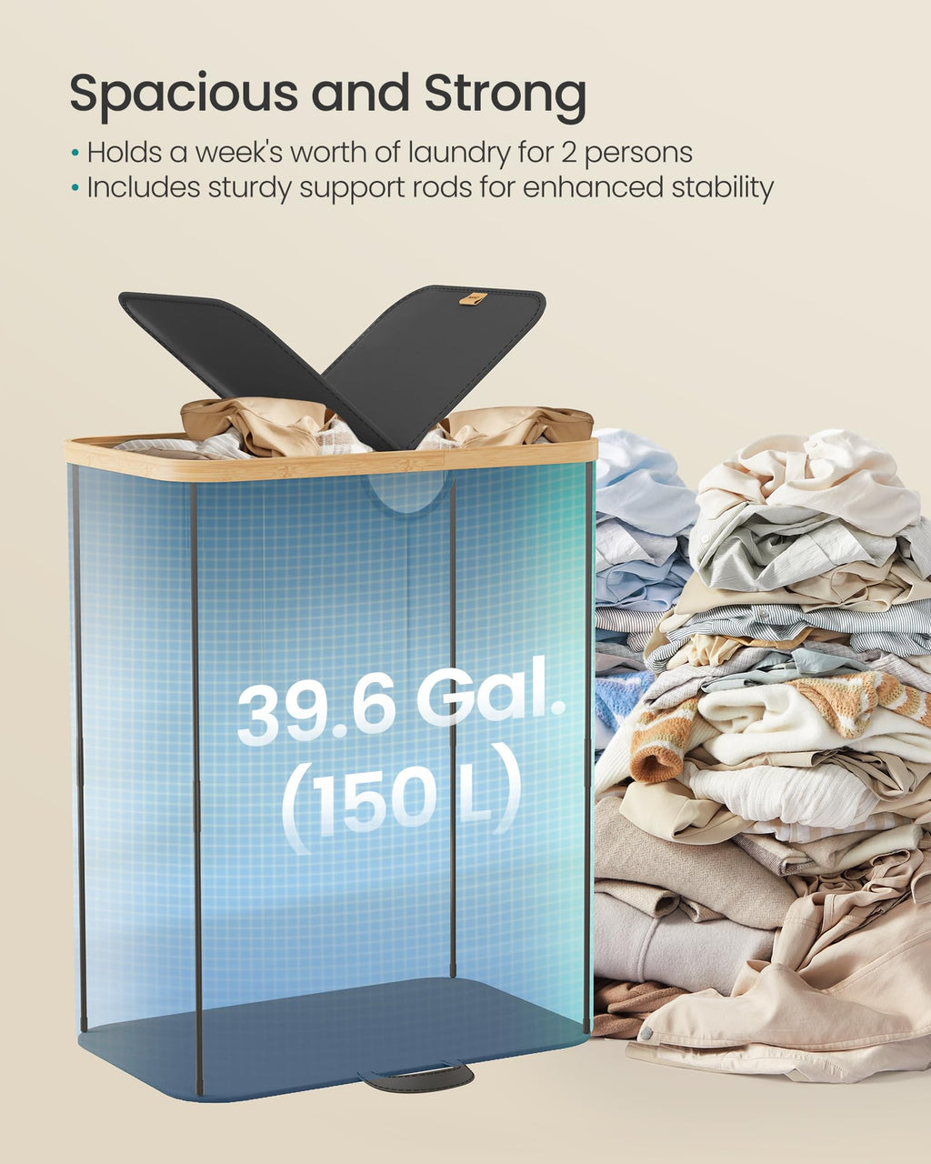 SONGMICS Laundry Hamper with Lids, Laundry Basket with 2 Compartments, 39 Gal. (150 L), Removable Liner Bag, for Laundry Room, Bedroom, Living Room, Ink Black and Light Bamboo ULCB523B01