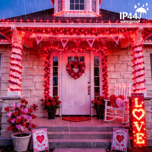 YEGUO Valentine‘s Day Lights Battery Operated, 2 Pack Each 33ft 100 LED Red String Lights Outdoor Waterproof, Clear Wire Christmas Light Indoor with Remote