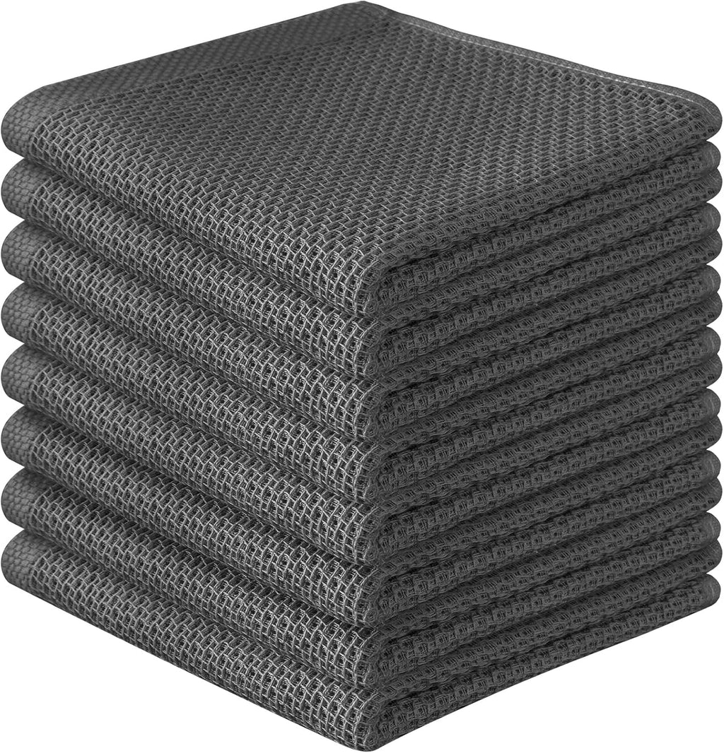 Skiennix 100% Cotton Waffle Weave Kitchen Towels - Ultra Soft & Absorbent, 8 Pack, Dark Grey, 12x12 Inches