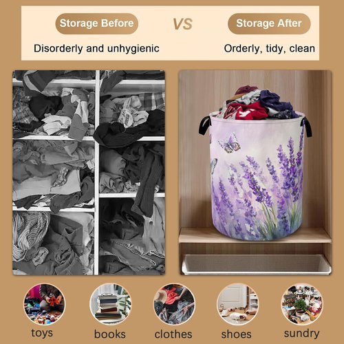 Laundry Hamper,Purple Lavender Laundry Basket,Butterfly Waterproof Oxford Cloth Storage Basket with Handle for Clothes Books Nursery Home Storage Sundries 16"x20"