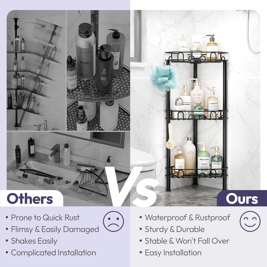 SWTYMIKI Standing Shower Caddy Corner - 3‑Tier Stainless Steel Shower Organizer Shelf with 12 Hooks and Adhesive Pads, Rustproof Corner Shelves Stand Rack for Bathroom Shower Room, Black