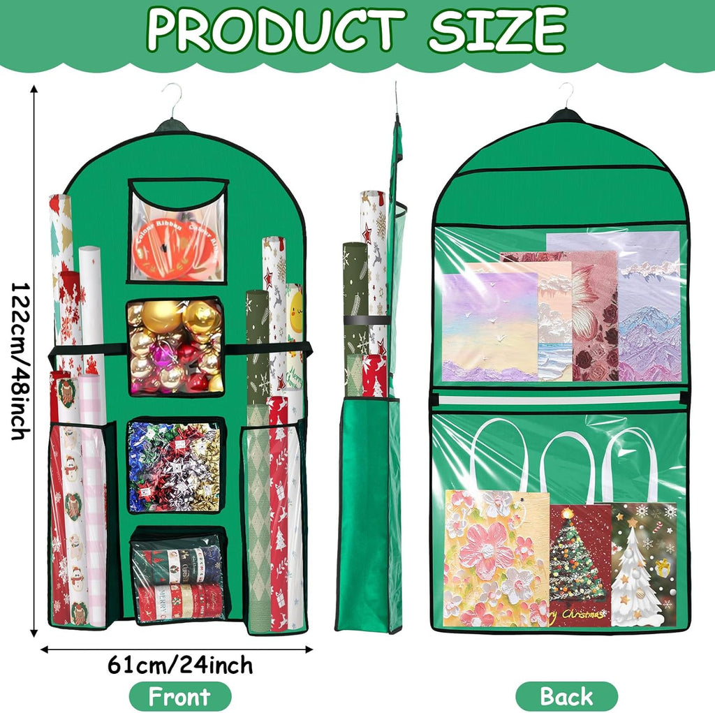 Skiennix Hanging Gift Wrapping Paper Organizer - Double-Sided Over The Door Storage | 48x24 Inch, Green