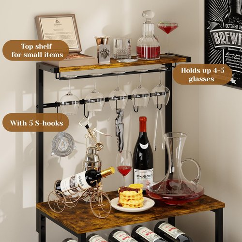 X-cosrack Bar Cabinet for Liquor and Glasses, Wine Rack Freestanding Floor for Small Space, 3-Tiers Storage Shelves, Industrial Coffee Bar with S Hooks, Small Buffet Sideboard Cabinet for Home
