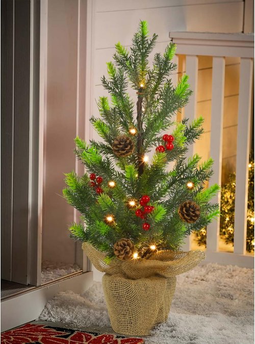 Juegoal 24-Inch Pre-Lit Christmas Pine Tree - Warm White Fairy Lights | Tabletop Decor with Burlap Base