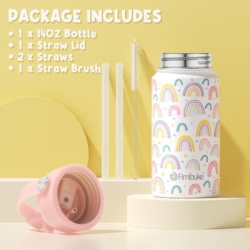 Fimibuke Kids Insulated Water Bottle - 14oz BPA-Free Stainless Steel Tumbler | Leak-Proof & Straw, Rainbow