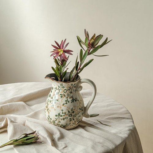 Green and White Vintage Vase with Handle, Chinoiserie Floral Pitcher Vase, Rustic Ceramic Farmhouse Vases for Home Decor, Living Room, Bookshelf, Office, Grand Millennial Decors, Tuscan Decor 7.9 Inch