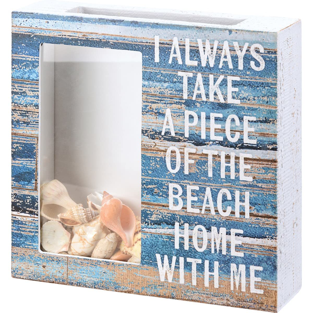 Primitives by Kathy Seashell Holder, rustic beach themed design, I Always Take A Piece Of The Beach Home With Me sentiment, clear glass window/top cutout for shells/other beach treasures.