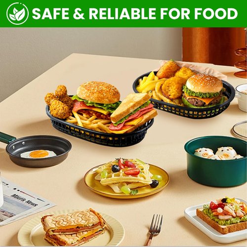 100 Pack Fast Food Baskets, 10.5 x 7 Inch Black Restaurant Tray Plastic Food Serving Baskets Bulk for Deli Serving, Chicken, Burgers, Picnics, Parties (100)