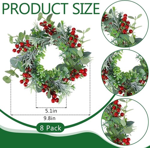Daifunli Mini Wreaths - 8 Pcs 10 Inch Christmas Candle Rings with Red Berries & Eucalyptus Decor