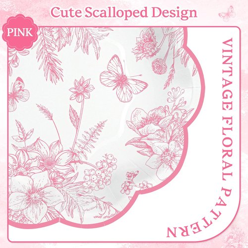 NatNarr 30Pcs Pink Floral Paper Plates, 7inch Scalloped Vintage Plates Pink Flower Paper Plate Disposable Tea Party Plate for Garden Party Birthday Baby Bridal Shower Valentines