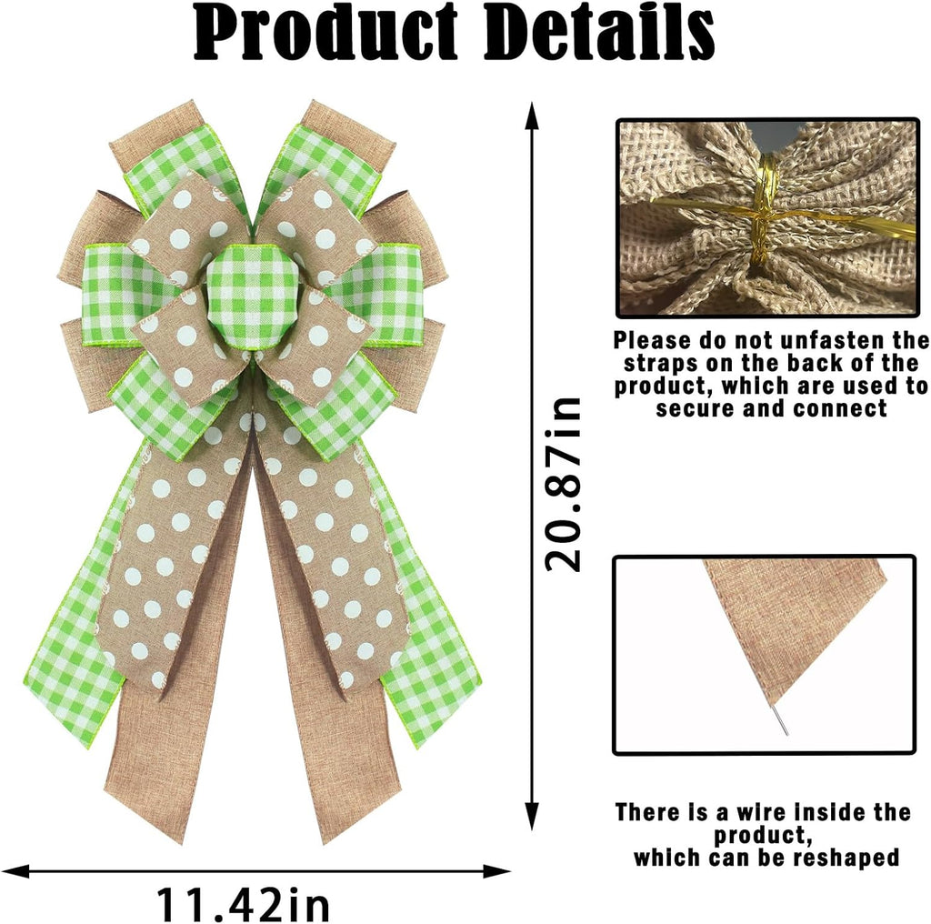 Skiennix Spring Wreath Bow - Natural Green Dots & Buffalo Plaid Design | Perfect for Easter & Home Decor