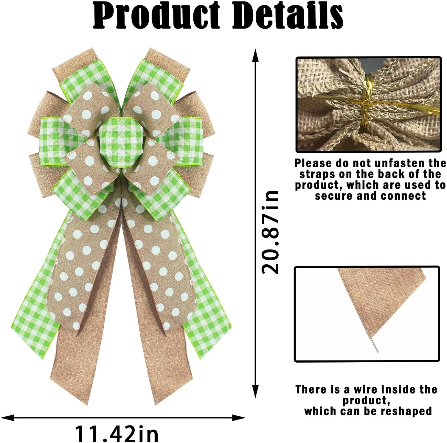 Skiennix Spring Wreath Bow - Natural Green Dots & Buffalo Plaid Design | Perfect for Easter & Home Decor