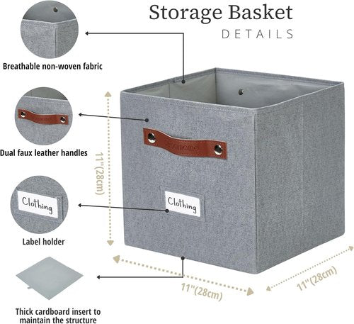 DECOMOMO Storage Bins - Fabric Cube Storage with Labels for Shelves | 11" | 6-Piece Set in Texture Grey