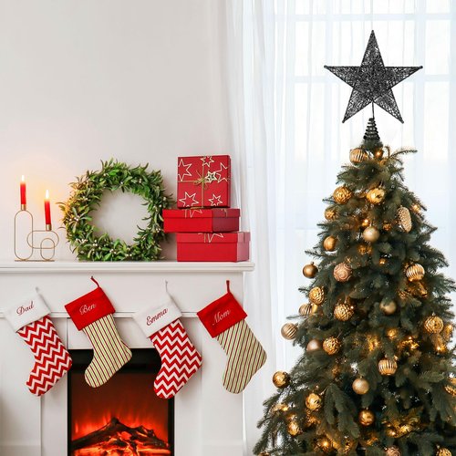 Fovths Christmas Tree Topper 8 Inches Metal Glittered Christmas Tree Topper Wire Star Treetop Sparkle Xmas Decoration for Christmas Tree Ornament Indoor New Year Holiday Party Supplies (Black)