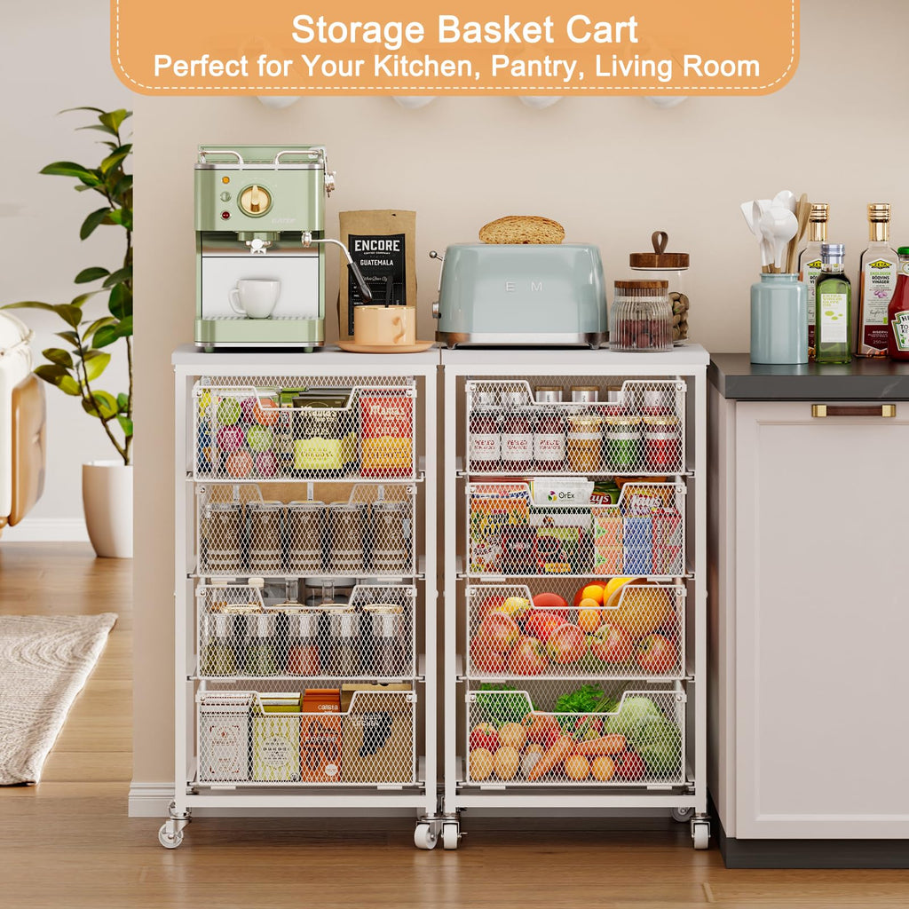 4-Tier Kitchen Storage Cart - Fruit Vegetable Storage Cart with Drawers, Wooden Top Metal Wire Kitchen Organizer and Storage Cart with Wheels to Storage Onions Potatoes Cans Snacks for Kitchen