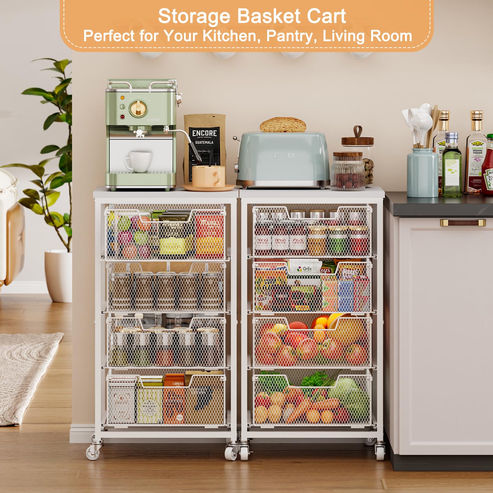 4-Tier Kitchen Storage Cart - Fruit Vegetable Storage Cart with Drawers, Wooden Top Metal Wire Kitchen Organizer and Storage Cart with Wheels to Storage Onions Potatoes Cans Snacks for Kitchen
