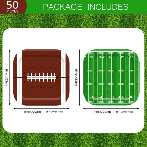 Vanulus 48Pcs Football Party Paper Plates 9 Inch Football Birthday Dinner Plates Disposable Super Sunday Touchdown Square Dessert Plates for Tailgate Party Tableware Supplies