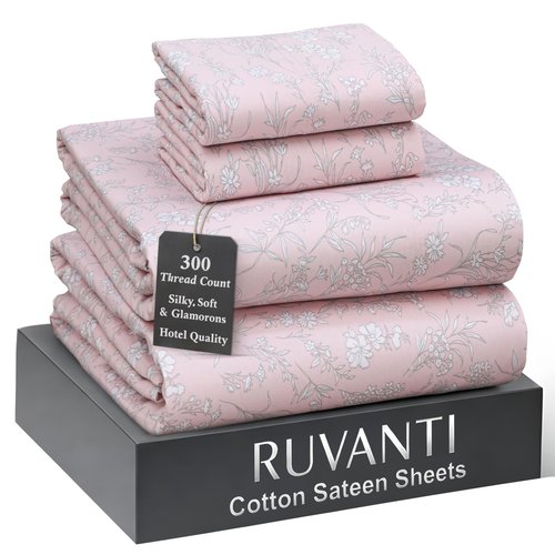 RUVANTI 100% Cotton Sheets Queen Size Bed Set - 300 Thread Count Silky Soft Sateen Weave, Cooling, Lightweight & Breathable, 16" Deep Pocket, Durable & Luxury Satin-Like, 4 Piece, Pink Fusion