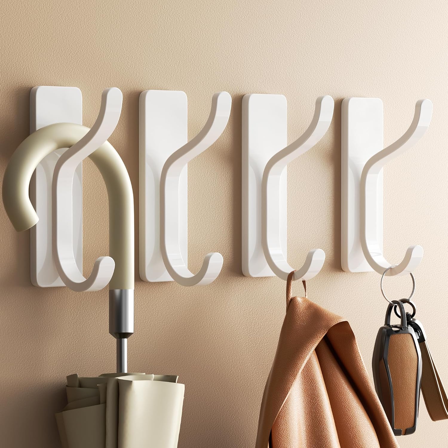 Pickpiff Adhesive Wall Coat Hooks - Heavy Duty Stick-On Metal Hangers for Towels, Bags & Clothes - White, 4 Pack