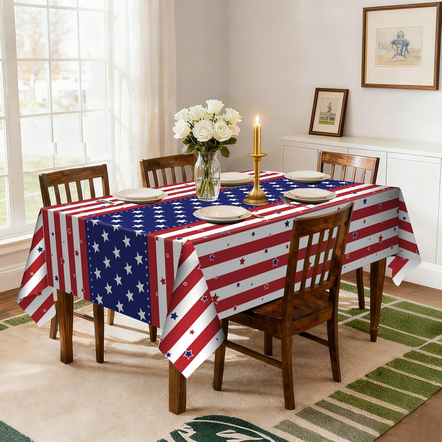Skiennix 6 Pack Disposable Plastic Tablecloths - Patriotic American Flag Design, 54" x 108" for Memorial Day Celebrations