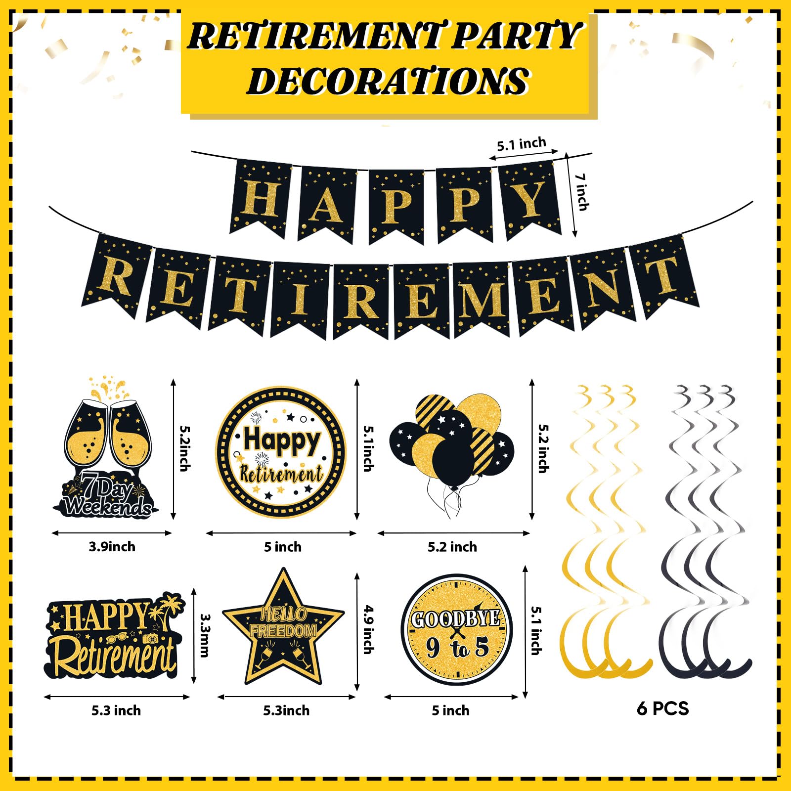 Retirement Party Decorations for Men Women Black Gold Happy Retirement Banner Backdrop Honeycomb Centerpiece Cake Topper Hanging Swirl Set