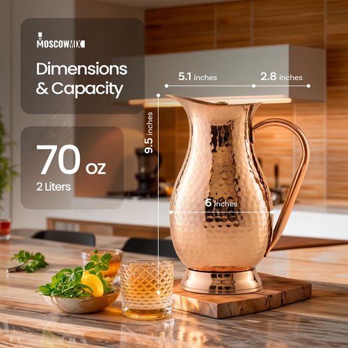 Pure 100% Copper Water Pitcher with Lid - 70 oz Large Copper Jug for Drinking Water - Heavy Duty Handcrafted - Bedside Carafe Vessel Ayurveda Hammered Health Benefits
