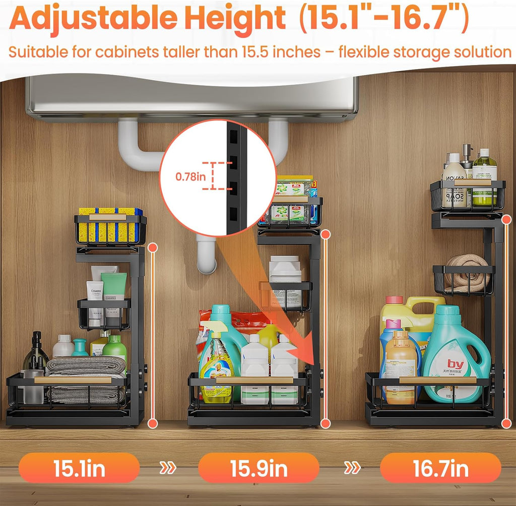 Under Sink Organizer - 3 Tier Pull Out Shelf Storage for Bathroom & Kitchen | 2 Pack Slide Out Drawers